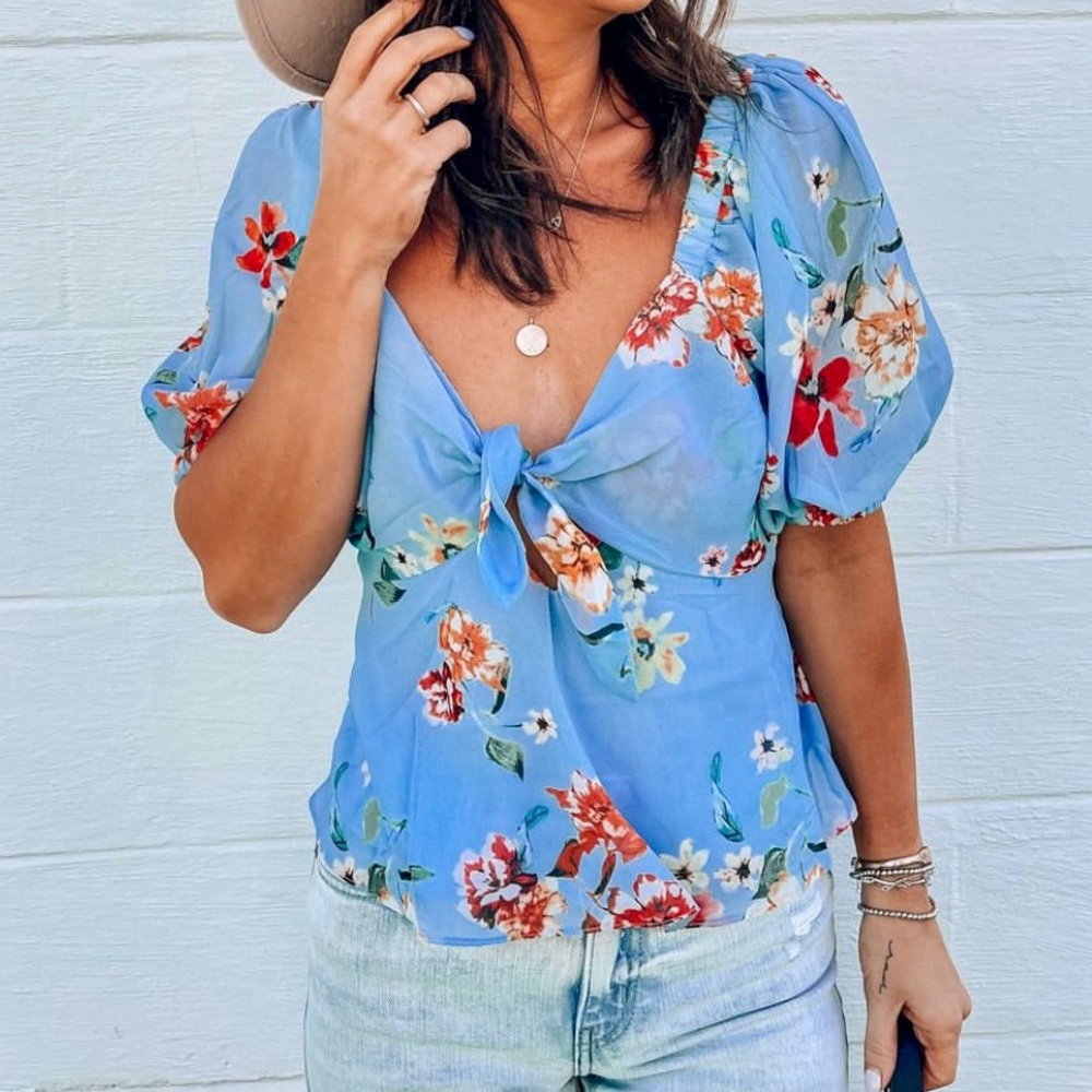 Baby Blue Floral Tie Top